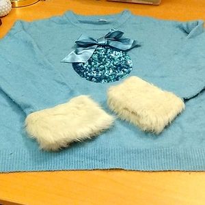 Fun, festive "Holiday Time" light blue super soft sweater with white faux fur